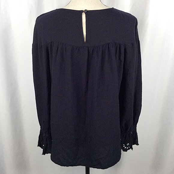Ann Taylor LOFT Blouse Womens Size Small Ruffle Eyelet Cuff Embroidered Striped - Picture 3 of 8